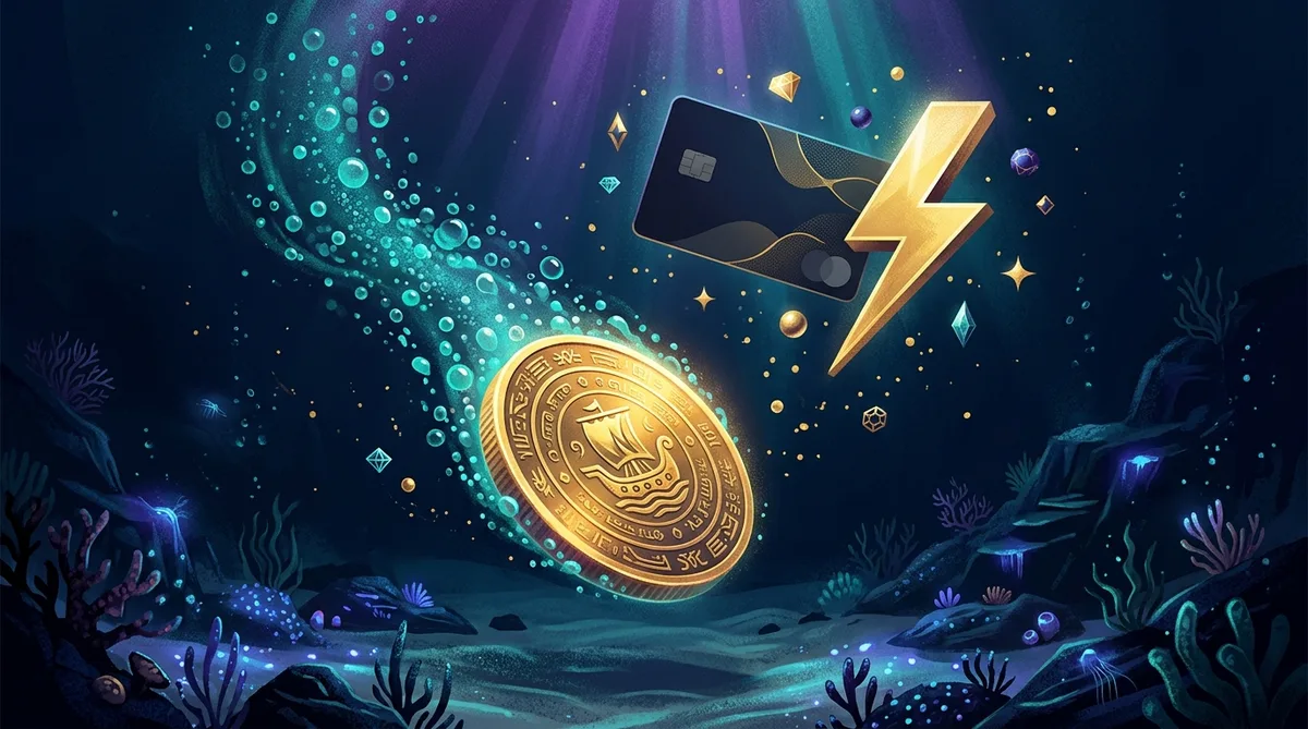 Gold coin sinking with a bubble trail beside a bank card and lightning bolt