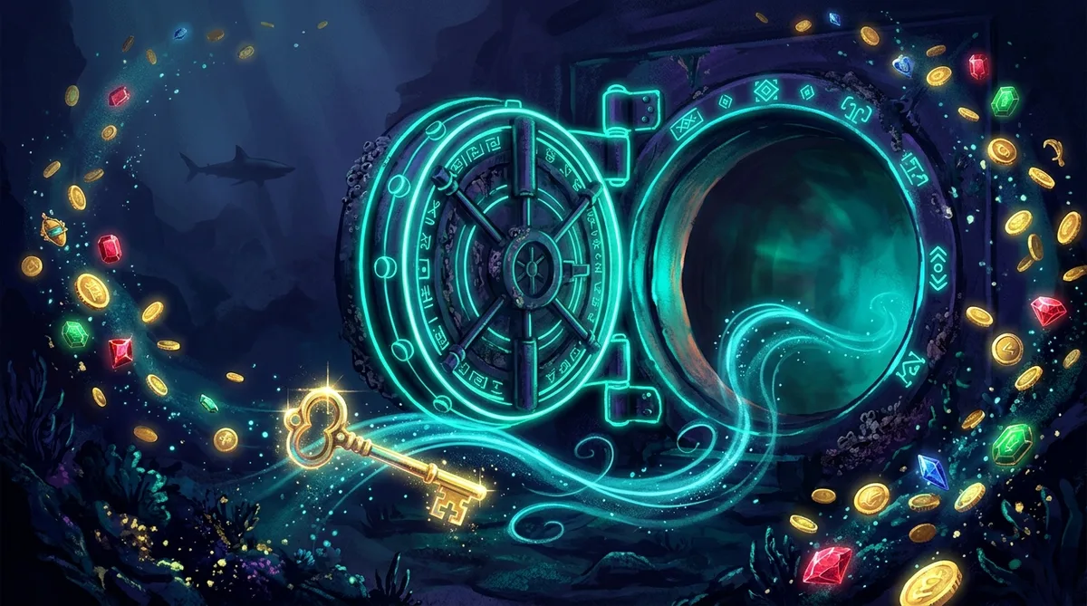 Neon teal vault door underwater with a golden key and distant shark fin