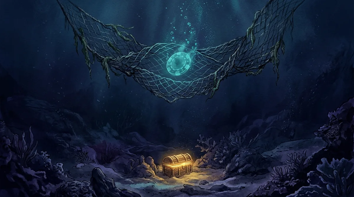 Empty fishing net holding a ghostly chip glow above a small real treasure chest