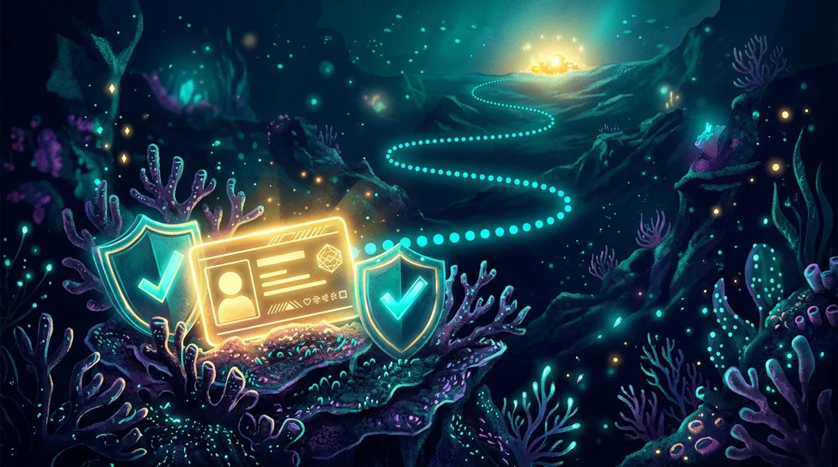 Glowing ID card and teal checkmark shields with a dotted path to distant treasure